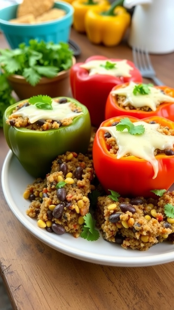 Colorful quinoa stuffed bell peppers filled with black beans and corn, topped with cheese, on a wooden table.